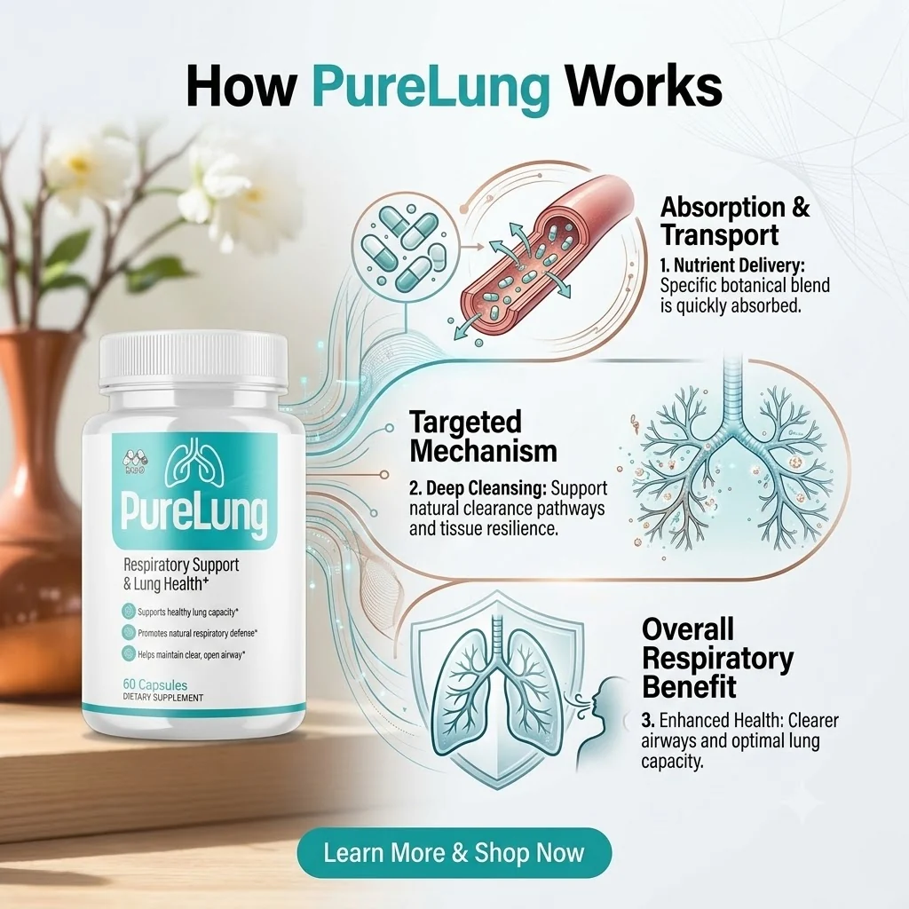 How PureLung is described to work: absorption, targeted mechanism, overall respiratory benefit